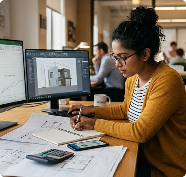 Professional estimator reviewing blueprints at a desk