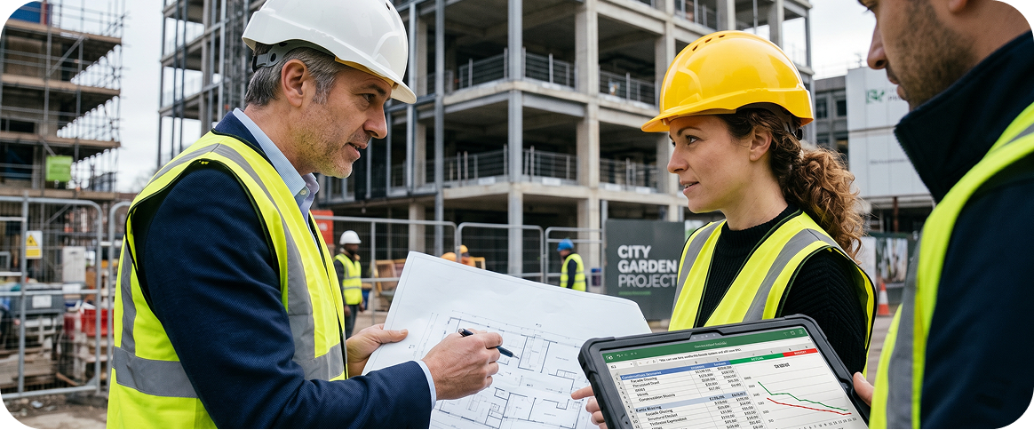 Construction professionals reviewing architectural blueprints and cost data at a building site