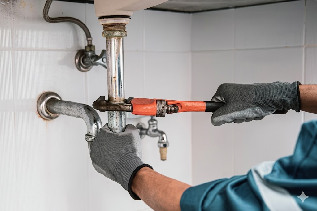 Plumber working on pipes